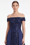 Dark Navy Off the Shoulder Sequin A Line Mother of the Bride Dress
