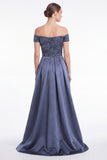 Dark Navy Off the Shoulder Sequin A Line Mother of the Bride Dress