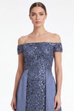 Dark Navy Off the Shoulder Sequin A Line Mother of the Bride Dress