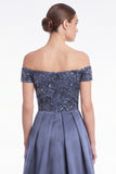 Dark Navy Off the Shoulder Sequin A Line Mother of the Bride Dress