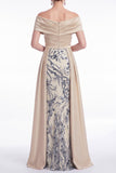 Off the Shoulder Champagne A Line Sequin Mother of the Bride Dress