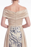 Off the Shoulder Champagne A Line Sequin Mother of the Bride Dress