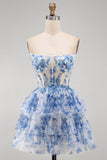 Strapless White Blue Floral Corset A Line Short Homecoming Dress