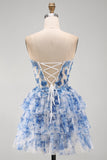 Strapless White Blue Floral Corset A Line Short Homecoming Dress