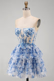 Strapless White Blue Floral Corset A Line Short Homecoming Dress