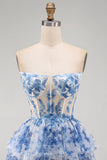 Strapless White Blue Floral Corset A Line Short Homecoming Dress