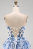 Strapless White Blue Floral Corset A Line Short Homecoming Dress