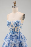 Strapless White Blue Floral Corset A Line Short Homecoming Dress