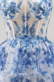 Strapless White Blue Floral Corset A Line Short Homecoming Dress