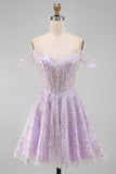 Sparkly Off the Shoulder Lilac Sequin A Line Homecoming Dress