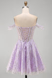 Sparkly Off the Shoulder Lilac Sequin A Line Homecoming Dress