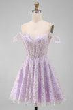 Sparkly Off the Shoulder Lilac Sequin A Line Homecoming Dress