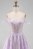 Sparkly Off the Shoulder Lilac Sequin A Line Homecoming Dress