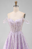 Sparkly Off the Shoulder Lilac Sequin A Line Homecoming Dress