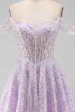 Sparkly Off the Shoulder Lilac Sequin A Line Homecoming Dress