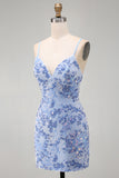 Blue Beaded Bodycon Short Homecoming Dress