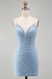 Bodycon Spaghetti Straps Blue Homecoming Dress with Pearls