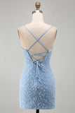 Bodycon Spaghetti Straps Blue Homecoming Dress with Pearls