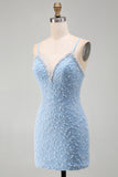 Bodycon Spaghetti Straps Blue Homecoming Dress with Pearls