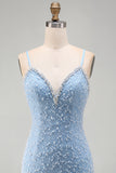 Bodycon Spaghetti Straps Blue Homecoming Dress with Pearls