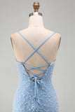 Bodycon Spaghetti Straps Blue Homecoming Dress with Pearls