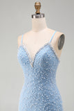 Bodycon Spaghetti Straps Blue Homecoming Dress with Pearls