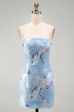 Strapless Blue Sequin Beaded Bodycon Short Homecoming Dress