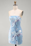 Strapless Blue Sequin Beaded Bodycon Short Homecoming Dress
