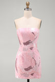 Pink Beaded Bodycon Strapless Short Homecoming Dress with Sequins