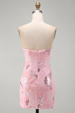 Pink Beaded Bodycon Strapless Short Homecoming Dress with Sequins