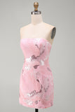 Pink Beaded Bodycon Strapless Short Homecoming Dress with Sequins