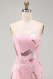 Pink Beaded Bodycon Strapless Short Homecoming Dress with Sequins