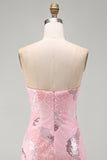 Pink Beaded Bodycon Strapless Short Homecoming Dress with Sequins