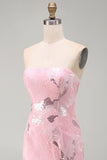 Pink Beaded Bodycon Strapless Short Homecoming Dress with Sequins