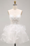 White Corset Applique Ruffle A Line Homecoming Dress with Lace-up Back