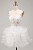 White Corset Applique Ruffle A Line Homecoming Dress with Lace-up Back