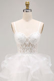White Corset Applique Ruffle A Line Homecoming Dress with Lace-up Back