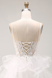 White Corset Applique Ruffle A Line Homecoming Dress with Lace-up Back