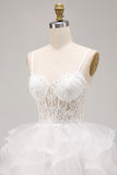 White Corset Applique Ruffle A Line Homecoming Dress with Lace-up Back