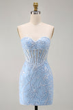 Strapless Blue Corset Embroidered Bodycon Homecoming Dress