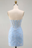 Strapless Blue Corset Embroidered Bodycon Homecoming Dress