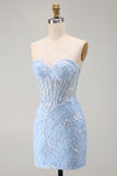 Strapless Blue Corset Embroidered Bodycon Homecoming Dress