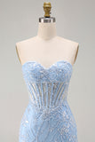 Strapless Blue Corset Embroidered Bodycon Homecoming Dress