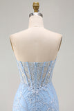 Strapless Blue Corset Embroidered Bodycon Homecoming Dress