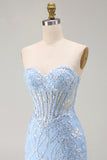 Strapless Blue Corset Embroidered Bodycon Homecoming Dress
