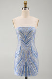 Sparkly Blue Strapless Bodycon Short Homecoming Dress