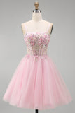Pink Beaded Spaghetti Straps A Line Short Homecoming Dress