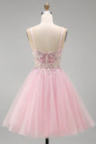 Pink Beaded Spaghetti Straps A Line Short Homecoming Dress