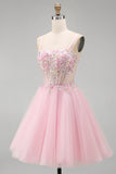 Pink Beaded Spaghetti Straps A Line Short Homecoming Dress