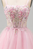 Pink Beaded Spaghetti Straps A Line Short Homecoming Dress